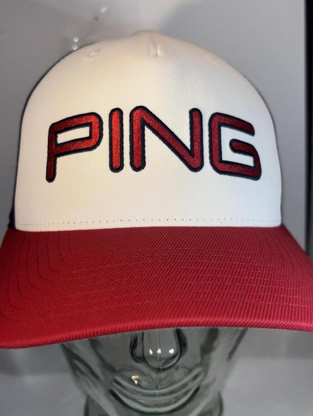 PING Golf Hat 110 Flexfit Tech Snapback Cap Red White Blue